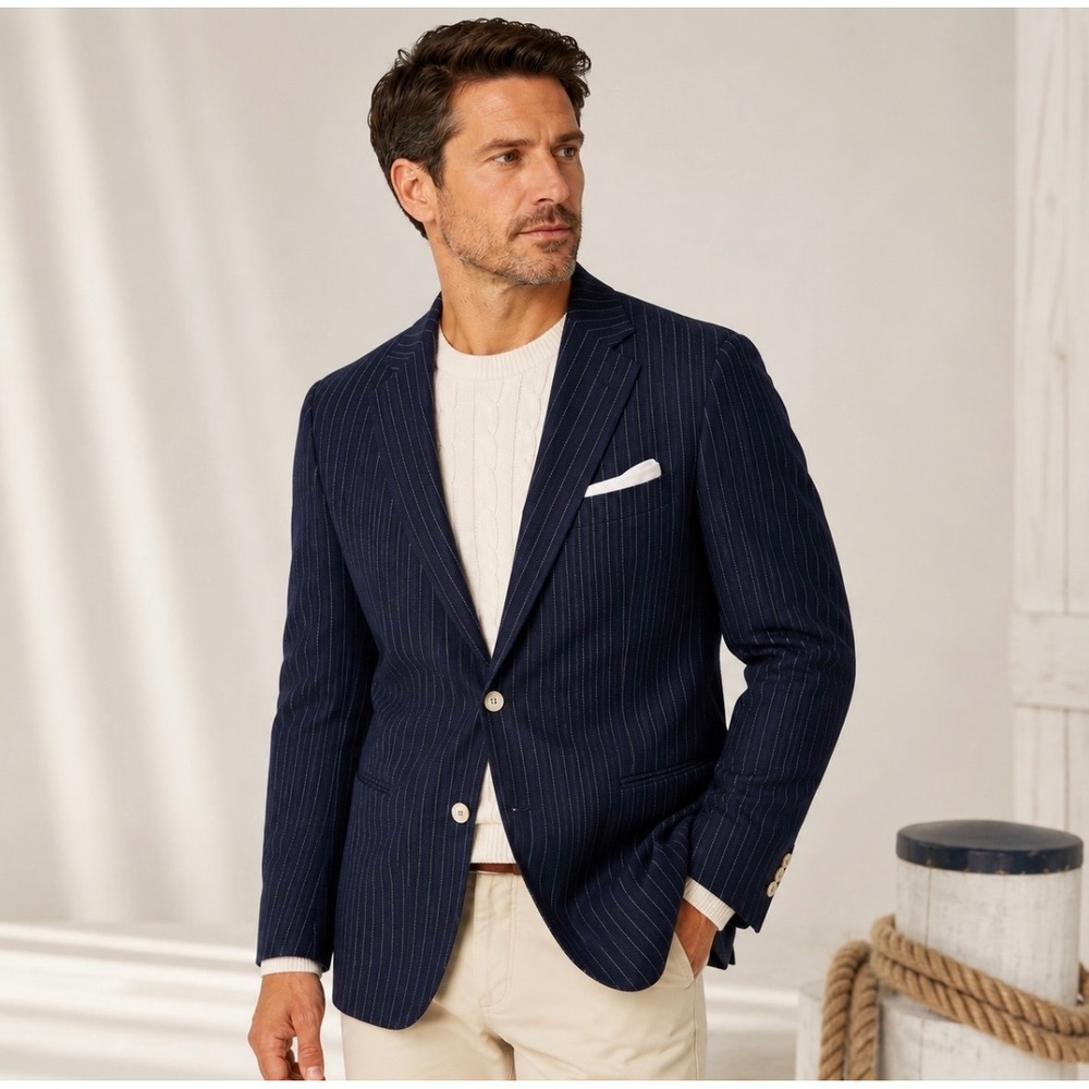 J.Crew Blazer Jacket Mens 44R Navy Pinstripe Wool Notch Lapel Single-Breasted